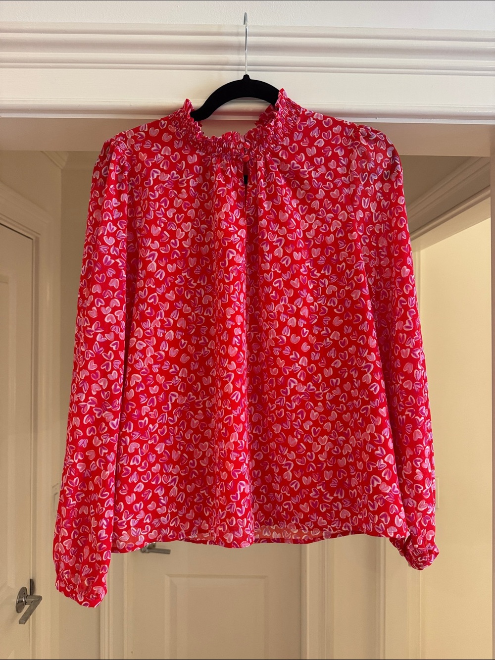 J. Crew Red Heart-Print Long Sleeve Blouse
